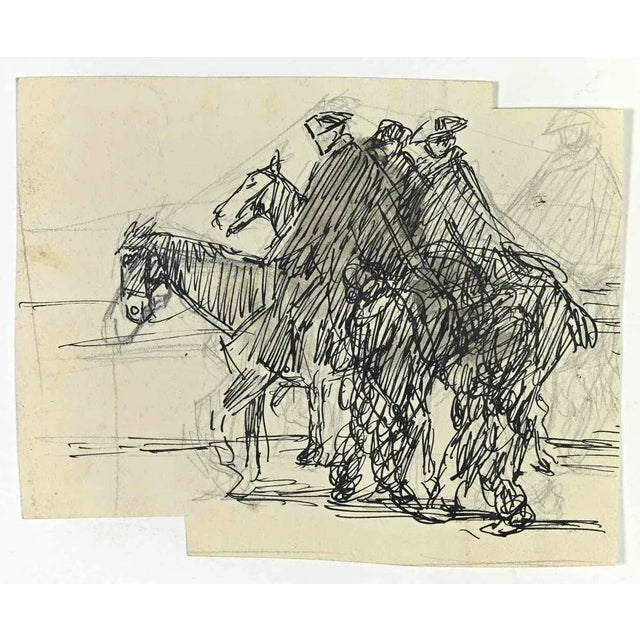 Gabriele Galantara, Horsemen, Mixed Media Drawing, Early 20th Century For Sale - Image 3 of 3