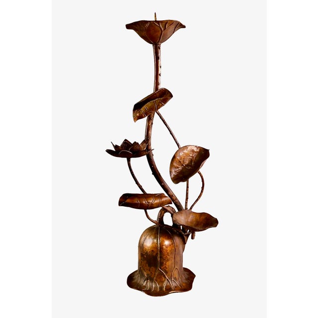 This is a wonderful pair of c. 1960 - 1970 Japanese bronze candle stands in lotus form dating to the mid-Showa Era. As...
