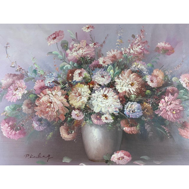 An exceptionally striking and grandly scaled mid-century original oil on canvas painting by celebrated floral artist P....