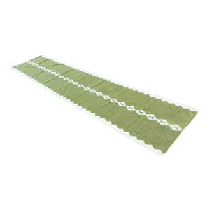 Handmade New Zealand Wool Dhurrie Runner, Olive Green and Cream Geometric Runner Rug- 3'x10'