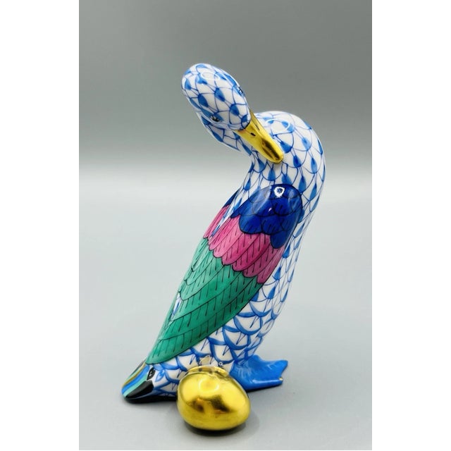 Mid-Century Modern Vintage MCM Herend Blue Fishnet Goose W/ Egg Figurine For Sale - Image 3 of 8