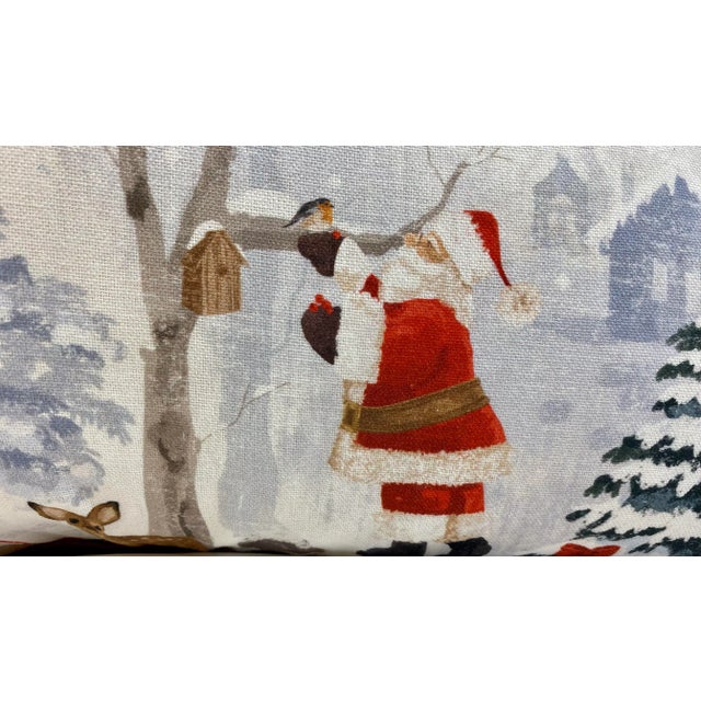 Textile Festive Santa Themed Christmas Bolster Pillow With Vibrant Red Velour-Like Back - Made in U K For Sale - Image 7 of 12