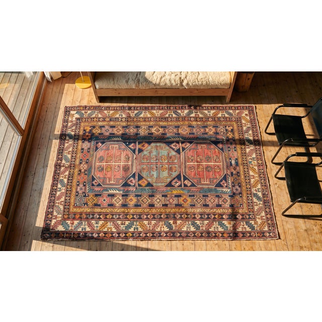 1930s Blue Geometric Tribal Antique Caucasian Shirvan Carpet 4' X 4'6'' Knotted Wool Rug For Sale - Image 12 of 14