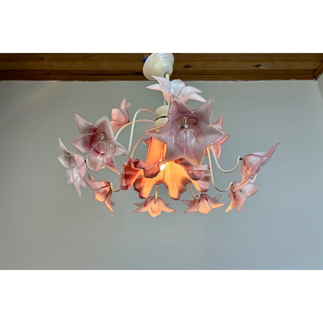 1980s Murano Style Pink Glass Floral Chandelier With White Frame For Sale - Image 9 of 11