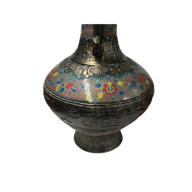 Burnt Umber Orient Bronze Glaze Dragon Handle Color Floral Motif Ceramic Vase For Sale - Image 8 of 15
