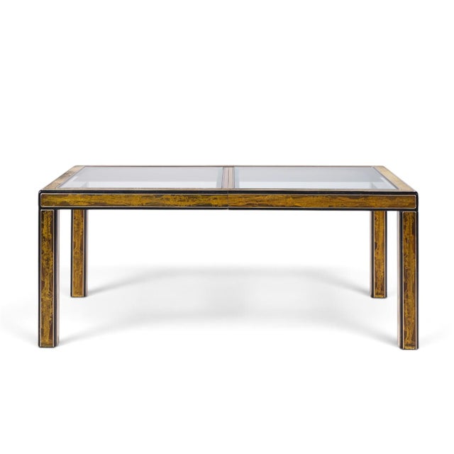 Metal Bernhard Rohne for Mastercraft Mid Century Lacquered Etched Brass Panel Expanding Dining Table With 1 Leaf For Sale - Image 7 of 10