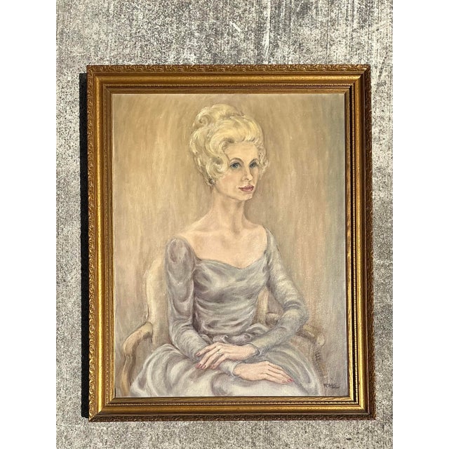 Ivory Vintage MCM Original Oil Portrait of Woman For Sale - Image 8 of 12