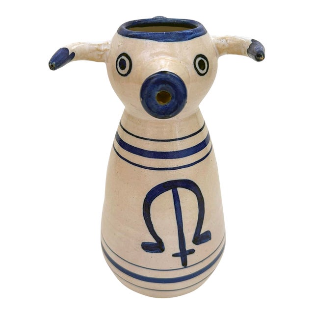 1980s Hand-Painted Spanish Pottery Cow /Bull Pitcher For Sale