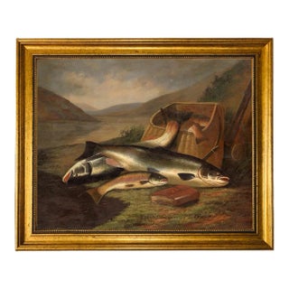 "Atlantic Salmon and Brown Trout" Canvas Print in Antiqued Gold Frame For Sale