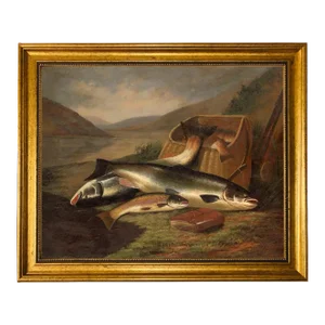 "Atlantic Salmon and Brown Trout" Canvas Print in Antiqued Gold Frame
