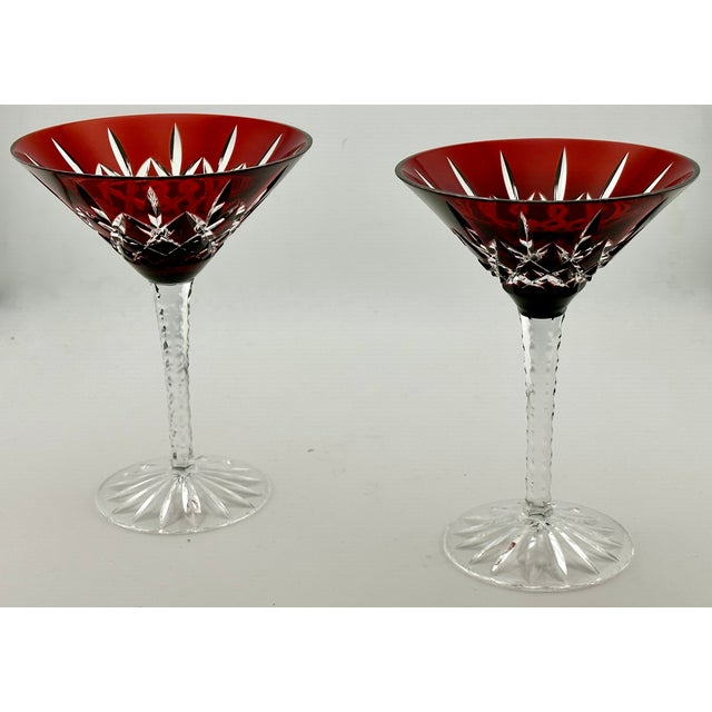 Mid 20th Century Stunning Set of 5 Large Vintage Mid Century 2 Color Overlay Deep Hand Cut to Clear Martini & Wine Glasses For Sale - Image 16 of 18