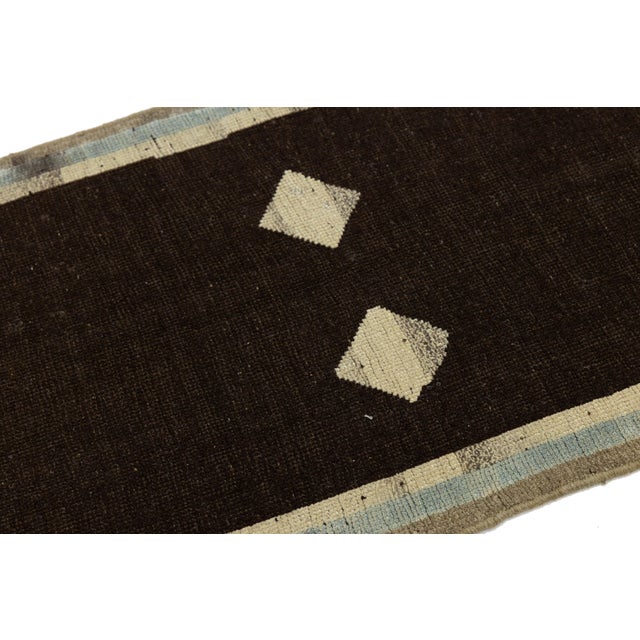 2010s Modern Hand-Knotted Gabbeh Wool Runner – Tribal Geometric Design – Earthy Brown For Sale - Image 5 of 7