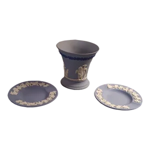 1960s Wedgewood Blue Jasperware Set of 2 Plates & Bud Vase Set, Made in England- 3 Pieces