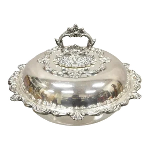 Antique English Victorian Ornate Round Silver Plated Rococo Lidded Serving Dish