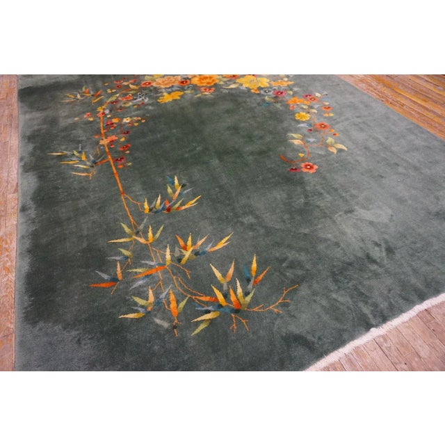 Art Deco 1930s Green Bamboo Floral Antique Chinese Art Deco Rug 8' 9'' X 11' 0'' Handknotted Wool Carpet For Sale - Image 3 of 12
