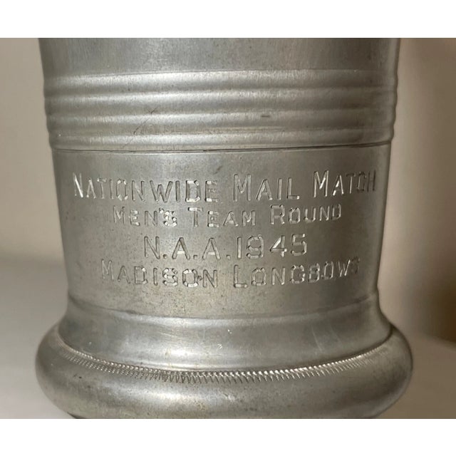 Metal Vintage 45' Beer Stein Pewter Archery Longbow Hand Engraved Award Trophy Pitcher For Sale - Image 7 of 15