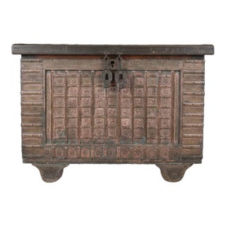 1900s Eclectic Style Antique Wooden 55" Wide Indian Dhamchiya Chest For Sale
