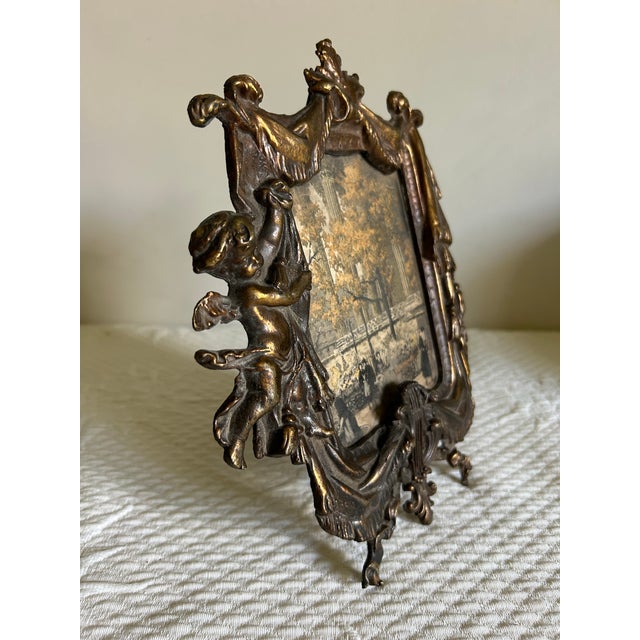 Victorian Antique Bronze Tabletop Picture Frame With Cupid and Harp For Sale - Image 3 of 9