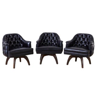 Set of Three Mid Century Tufted Black Leatherette Club Chairs For Sale