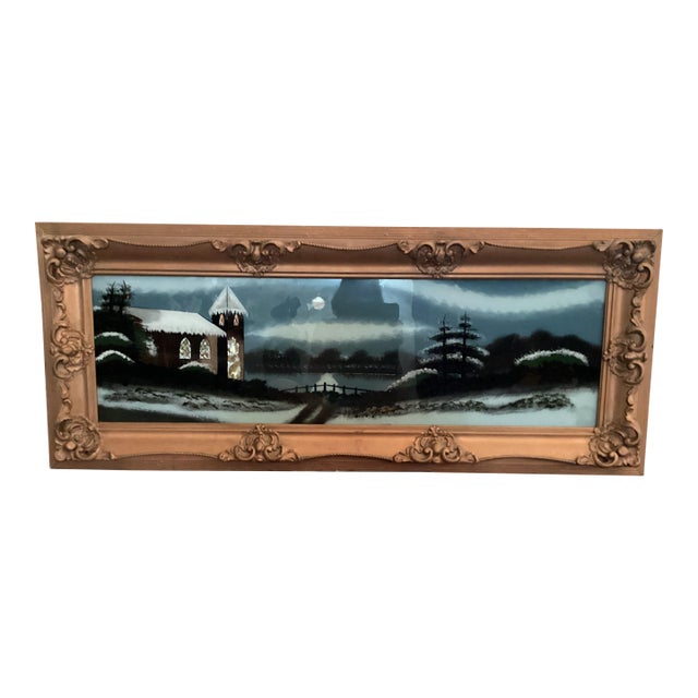 Antique Large Fancy Frame Reverse Painted Picture Catholic Church 47.25” X 19.25 Lovely Evening Moonshine Off Lake For Sale