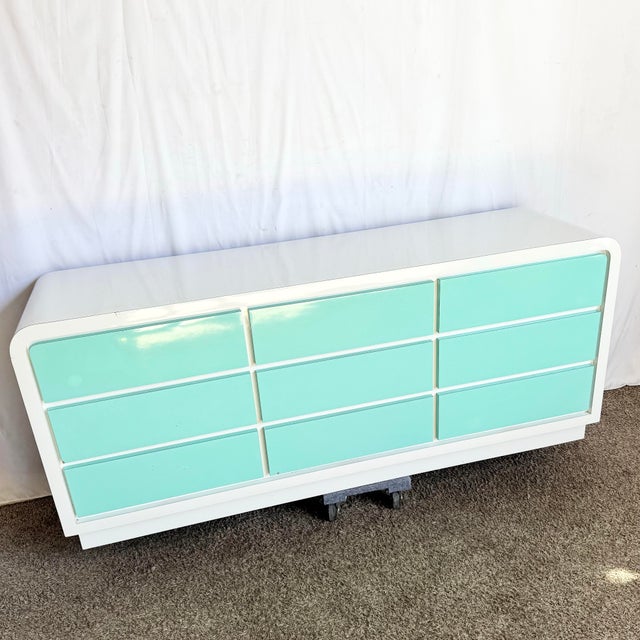 Postmodern Postmodern White and Turquoise Lacquer Laminate Waterfall Dresser For Sale - Image 3 of 13
