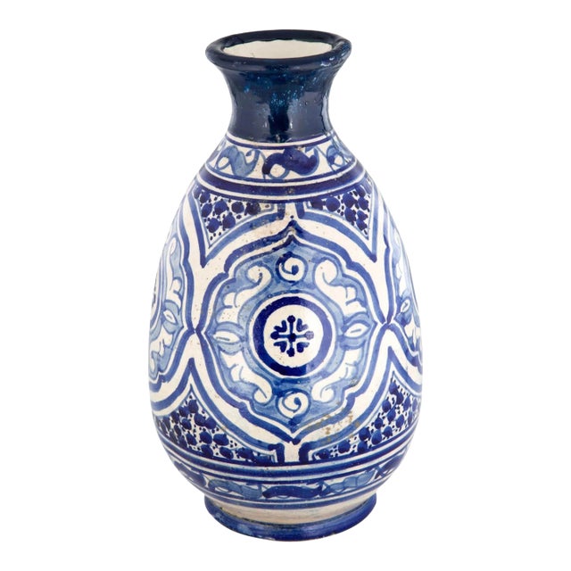 Mid Century 1960s Morocco Moroccan Blue and & White Vase Ceramic Indigo Cobalt Vintage For Sale