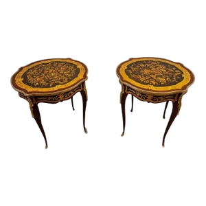 French Louis XV Style Gilt Bronze Mounted Marquetry Inlaid Mahogany Side Tables - a Pair