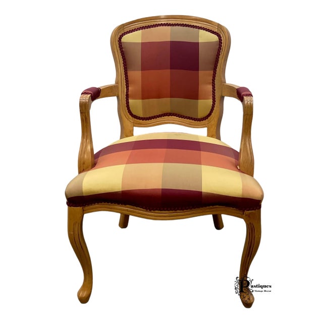 Vintage Rustic Farmhouse Maple Frame Plaid Print Bergere Accent Chair For Sale - Image 11 of 12