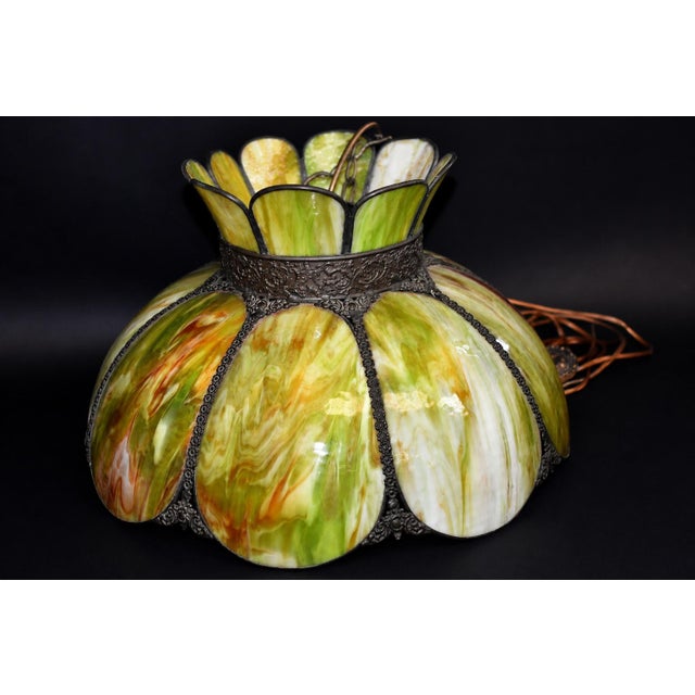 Avocado Antique Avocado Ceiling Light Shade With Slag Glass and Bronze Bands For Sale - Image 8 of 18