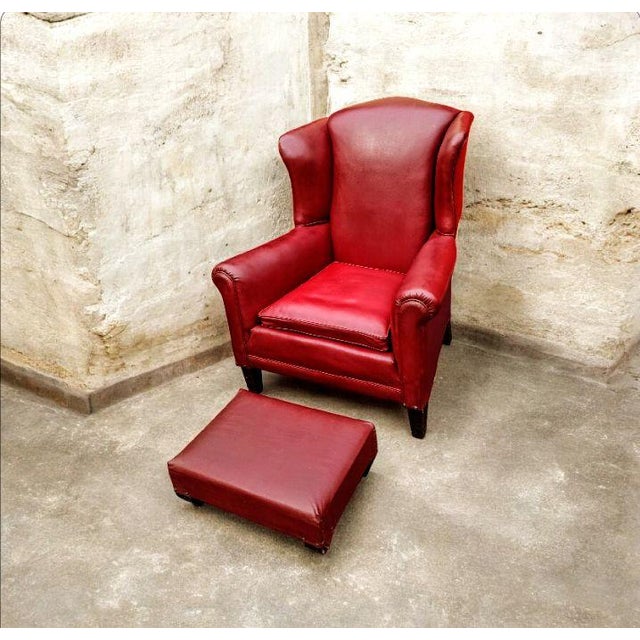 Animal Skin Vintage Red Leather Wingback Chair & Ottoman For Sale - Image 7 of 8