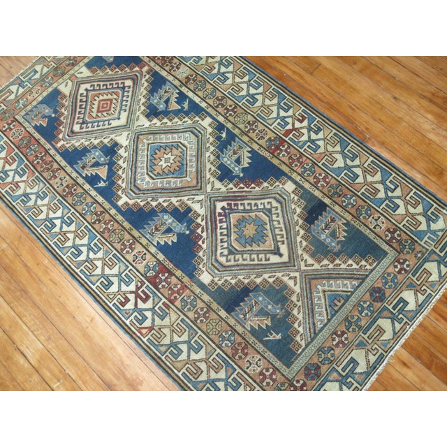 Contemporary Early 20th Century Blue Geometric Kazak Rug - 3'1" x 5'1" For Sale - Image 3 of 6