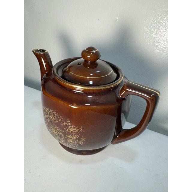 Art Deco Vintage 1960s Brown Ceramic Teapot Gold Floral Design Lidded Mid Century Tea Pot For Sale - Image 3 of 15