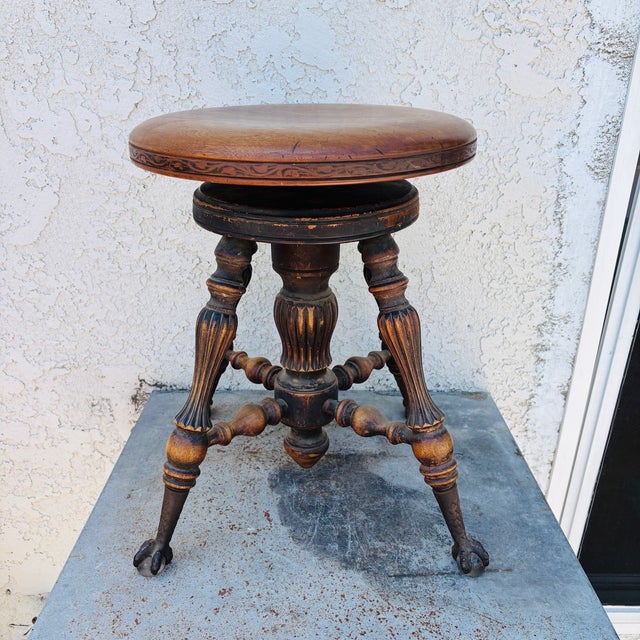 Early 1900s Oak Wood Piano Stool With Glass Ball Claw Feet For Sale In Los Angeles - Image 6 of 18