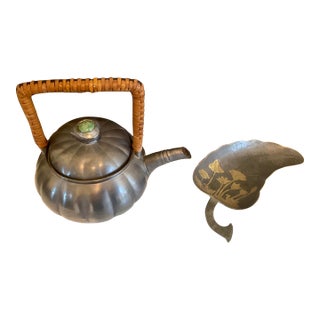 Vintage Art Deco Pewter Set, Teapot & Lotus Leaf Dish - Set of 2 For Sale