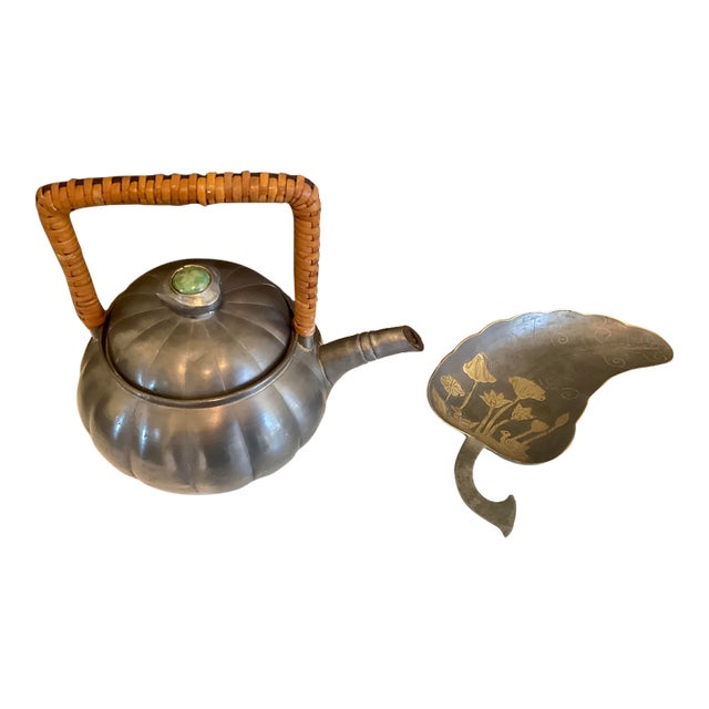 Vintage Art Deco Pewter Set, Teapot & Lotus Leaf Dish - Set of 2 For Sale