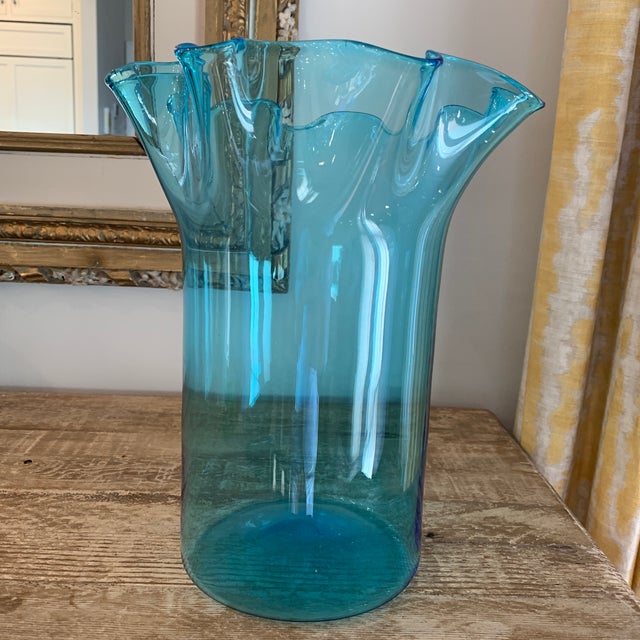 Large Blue Hand Blown Glass Handkerchief Vase Chairish