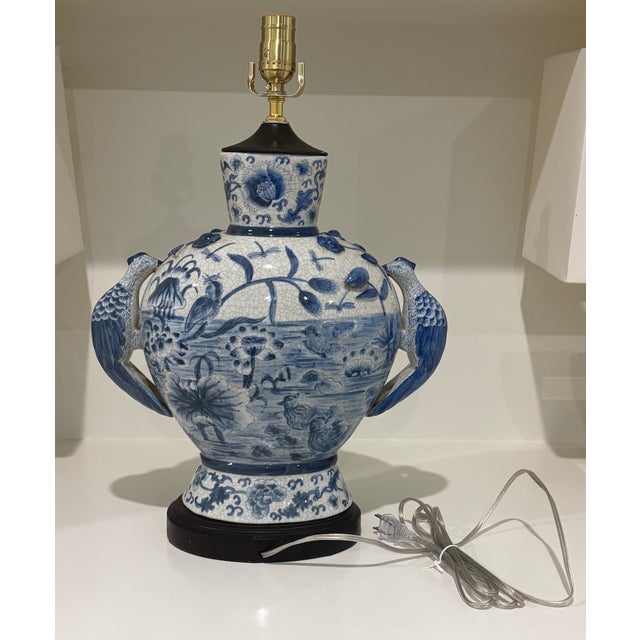 Blue Large Scale Chinoiserie Blue and White Porcelain Table Lamp With Sculptural Bird Handles For Sale - Image 8 of 14