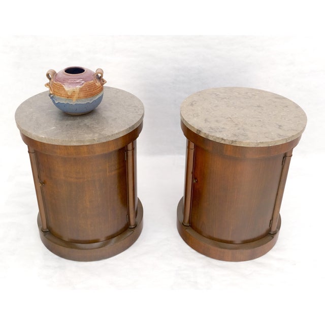 Baker Pair Cylinder Drum Shape Marble Top One Door Compartment Side End Tables For Sale - Image 16 of 18