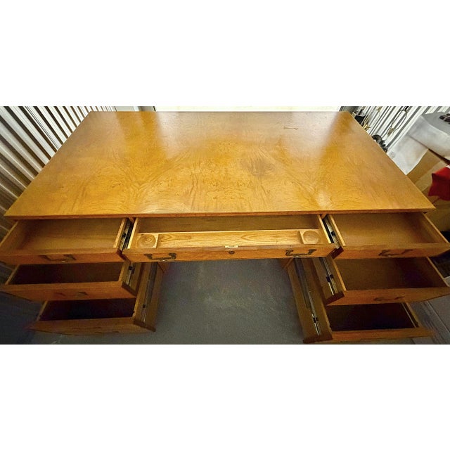 John Widdicomb Mid-Century Style Burlwood and Brass Campaign Executive Partner’s Desk For Sale - Image 13 of 14