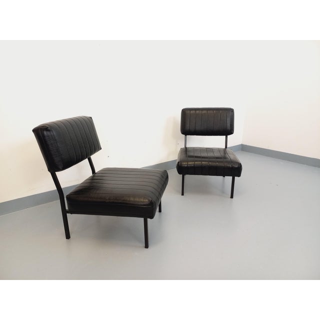 Vintage Modernist Lounge Chairs in Black Imitation Leather and Metal, 1960s, Set of 2 For Sale - Image 14 of 18
