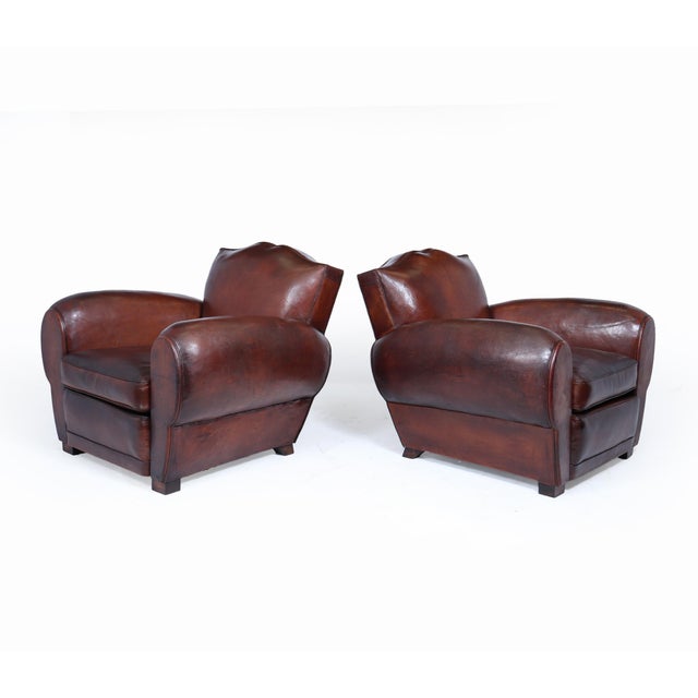 Art Deco French Moustache Back Leather Club Chairs, 1930, Set of 2 For Sale - Image 3 of 18