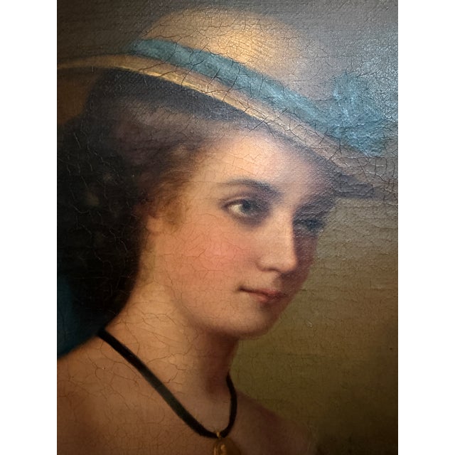 Antique 1868 Oil Portrait Young Woman European Lady Gilt Frame 19th Century For Sale - Image 9 of 12