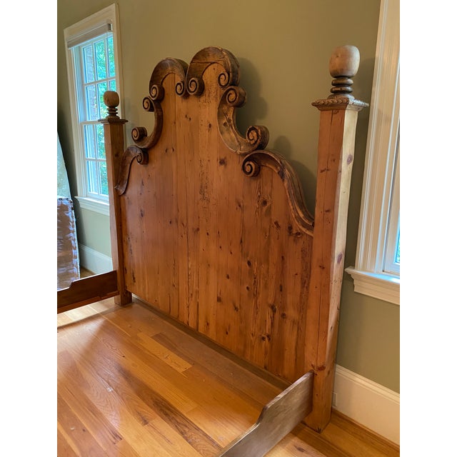 Farmhouse One-of-a-Kind Custom King Bed in Antique German Pine With Carved Scrollwork & Iron For Sale - Image 3 of 3