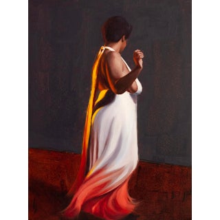 Liquid Sunset I by Kirsten Savage | Oil on panel Depiction of a woman in a flowing white and orange dress. For Sale