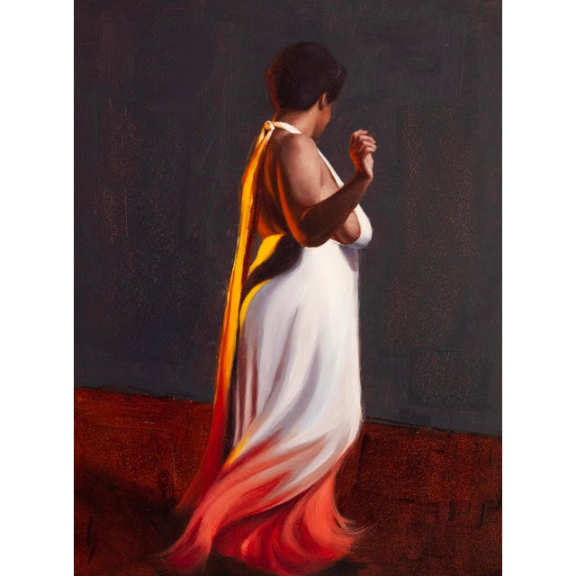 Liquid Sunset I by Kirsten Savage | Oil on panel Depiction of a woman in a flowing white and orange dress. For Sale
