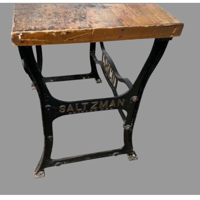 Vintage Antique Industrial Saltzman Chicago Cast Iron Table With Wooden Top For Sale - Image 9 of 9