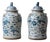 Pair of Chinese Blue and White Glazed Jars With Foo Dog Lid Finials For Sale