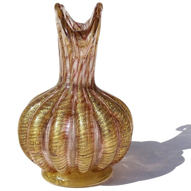 Barovier & Toso Vintage Murano Barovier Toso Purple Swirl Gold Flecks Italian Art Glass Curled Fan Top Flower Vase For Sale - Image 4 of 11