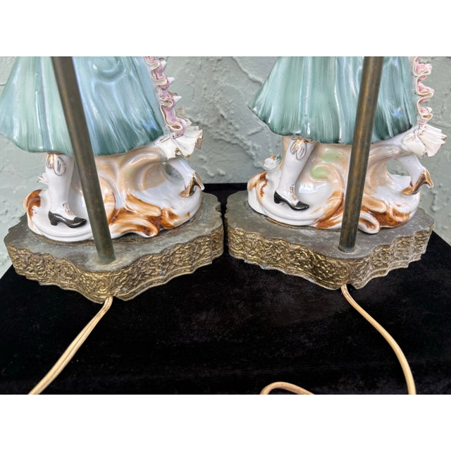Metal Vintage Rococo Revival Dancing Couple Porcelain Table Lamps – Set of 2, Betson China, C. 1960s For Sale - Image 7 of 10