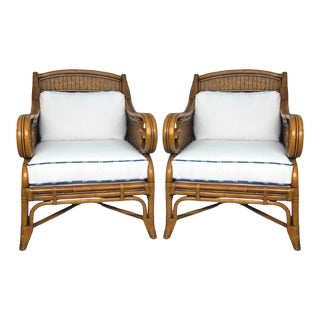 Pair of Rattan Club Chairs in Sunbrella Fabric For Sale